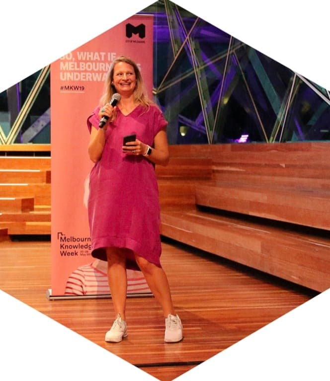 Samantha Hurley presenting at Federation Square, Melbourne